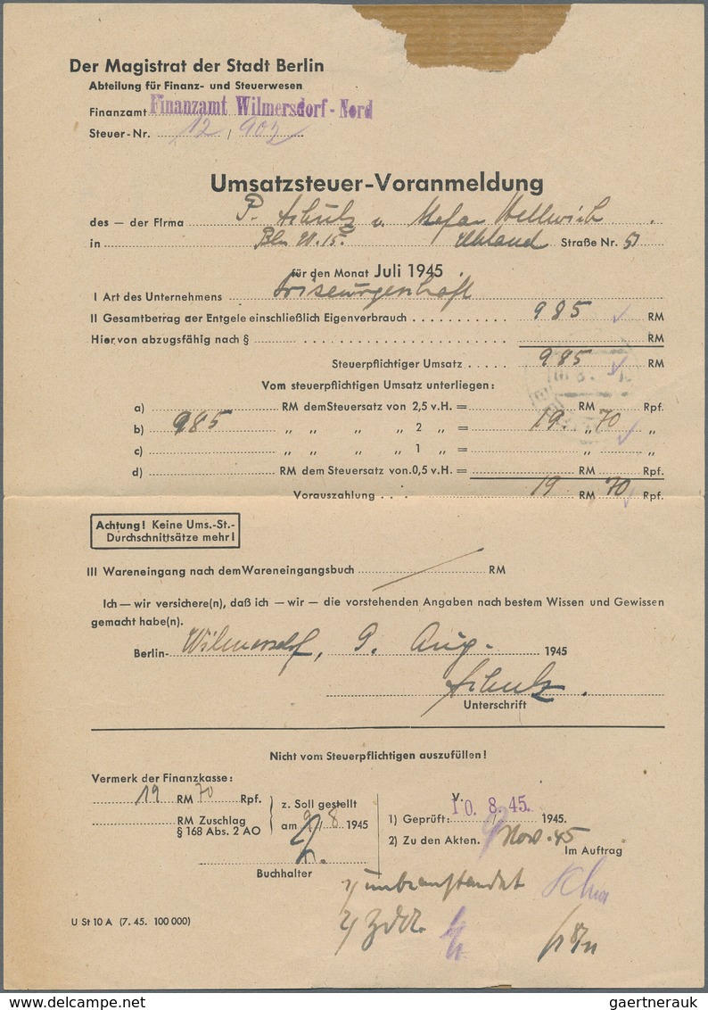 Berlin - Besonderheiten: 1945, Finanzamts-Formular, Innerorts Berlin W 15 Am 1.8.45 Verwendet, Vor E - Other & Unclassified