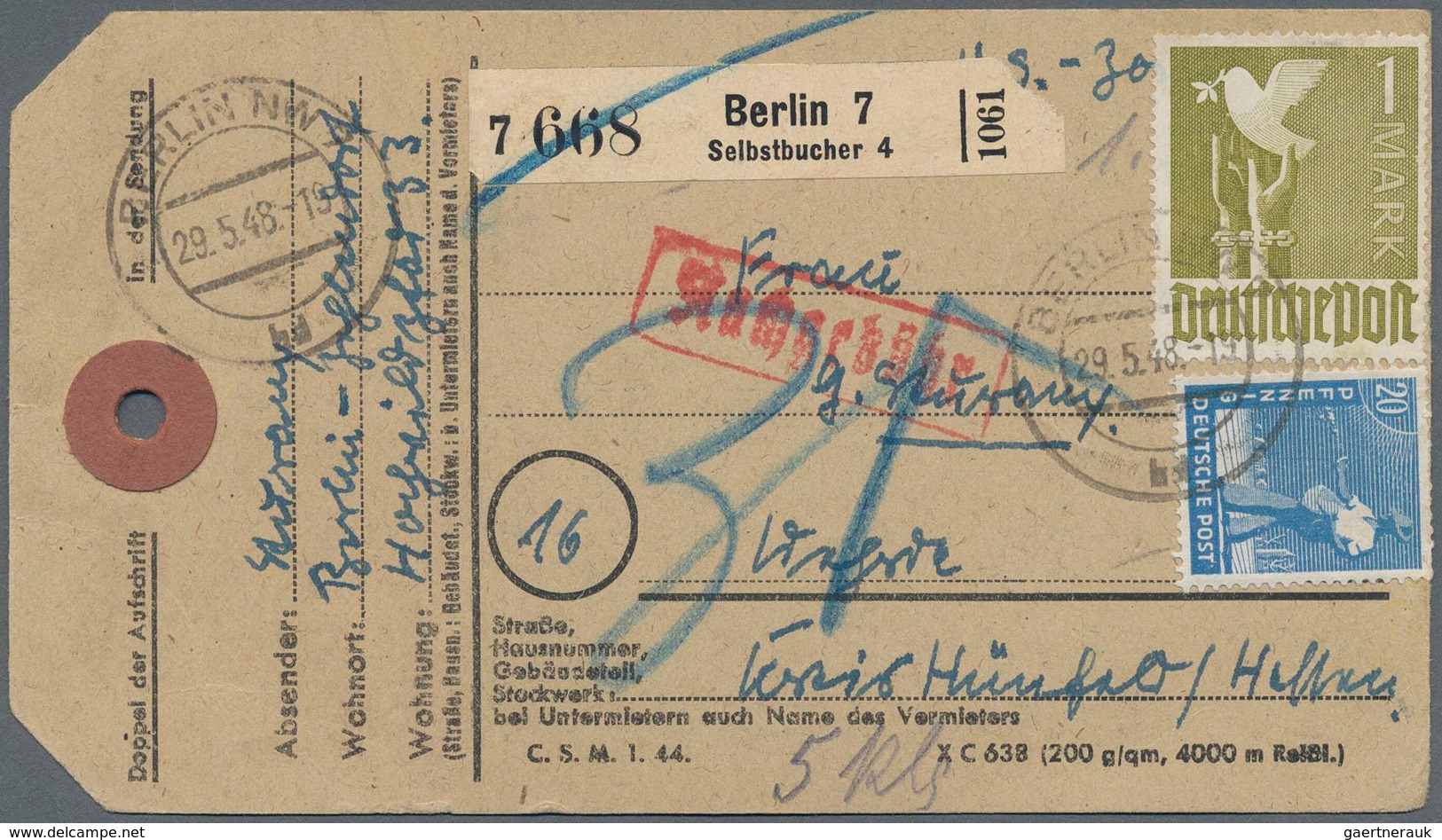 Berlin - Besonderheiten: 20 Pf. Arbeiter U. 1 Mk Taube Zusammen Auf Paketanhänger Ab Berlin NW 7 Als - Other & Unclassified