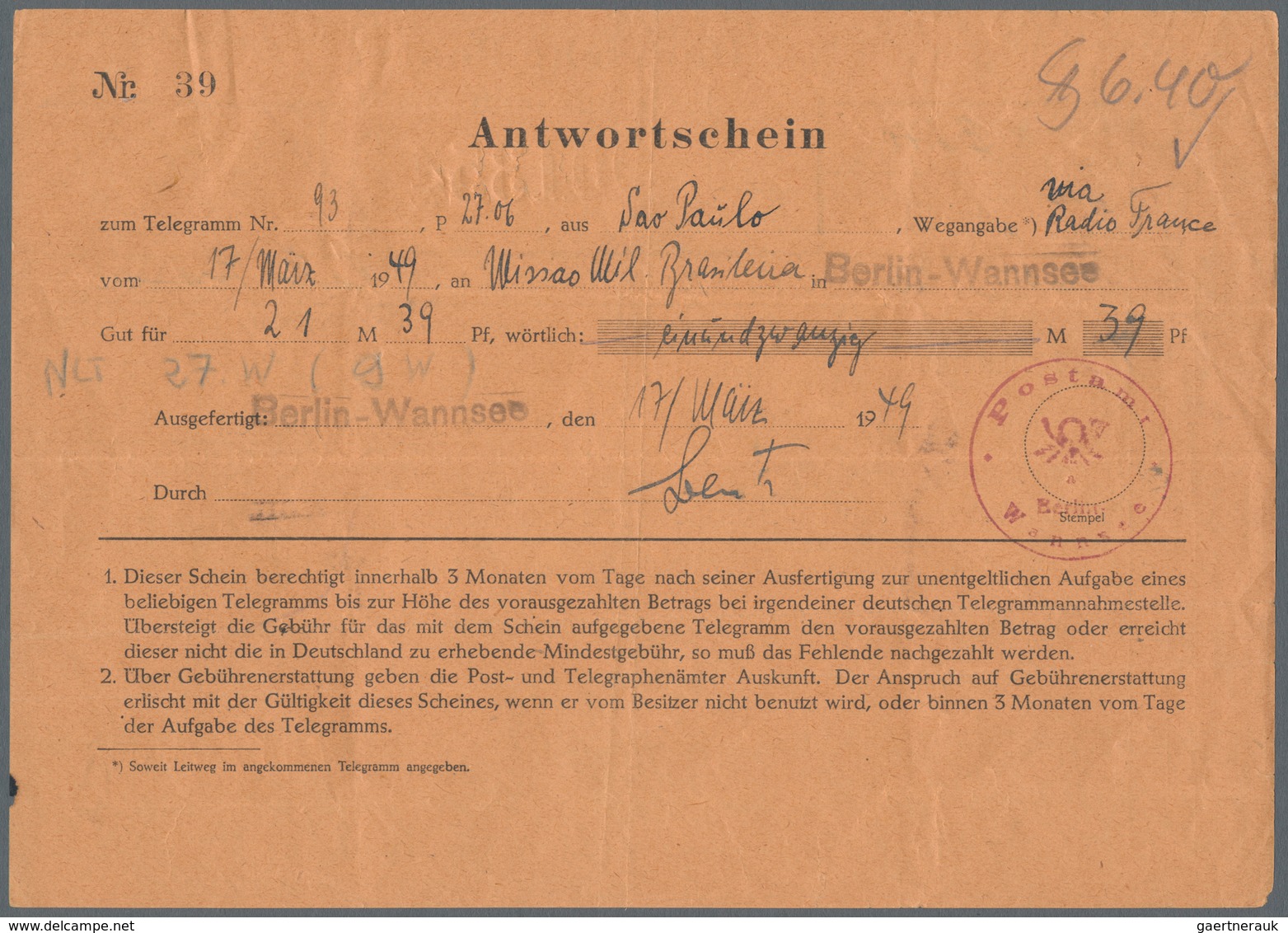 Berlin - Besonderheiten: 1948/1954, Zwei Verschiedene Gebr. Telegramm-Antwortscheine, Beide Aus Berl - Other & Unclassified