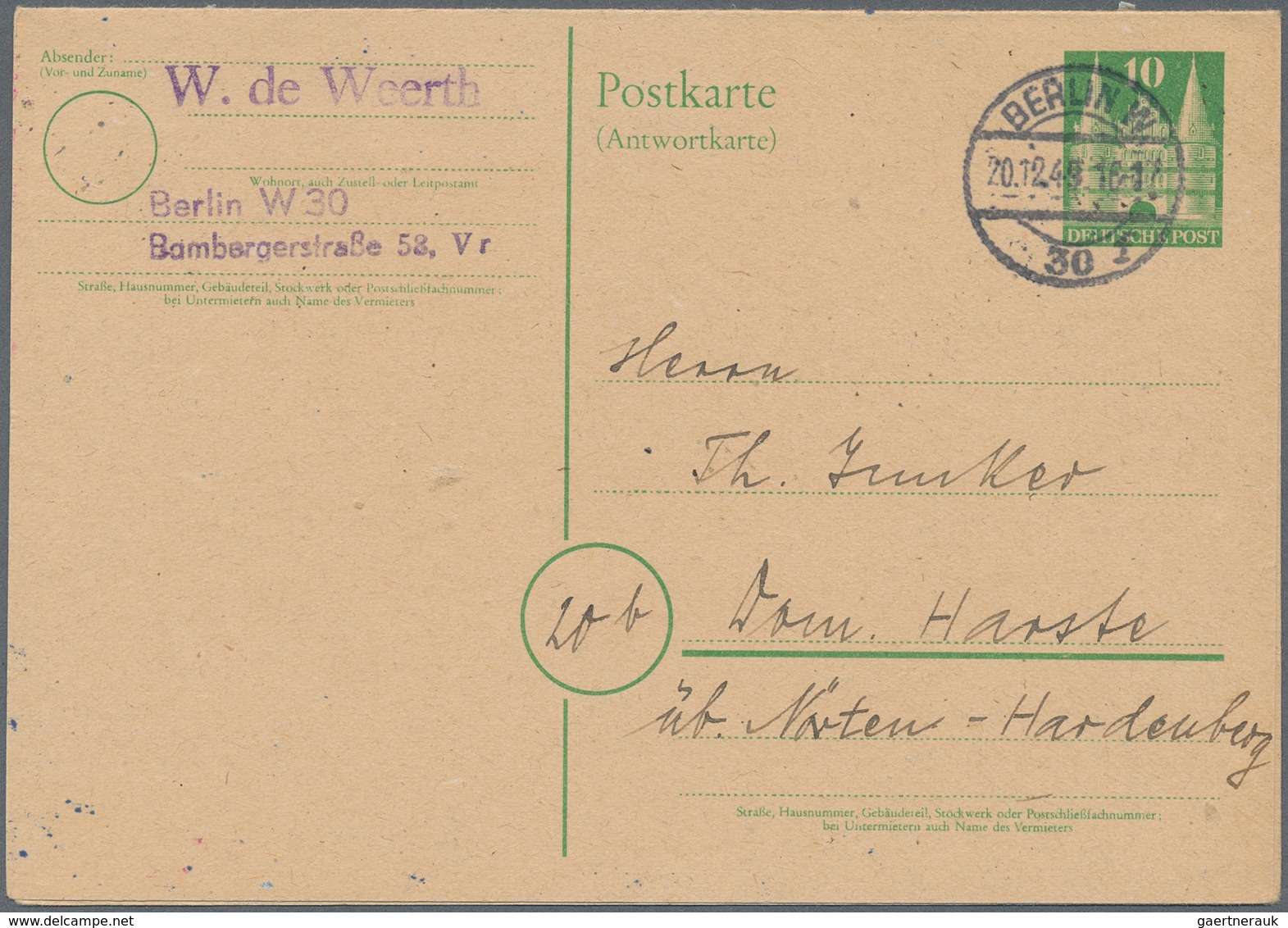 Berlin - Besonderheiten: Bizone 10 Pf. Bauten Doppelkarte Gebr. Ab Dom. Harste Vom 16.12.49 Nach Ber - Autres & Non Classés