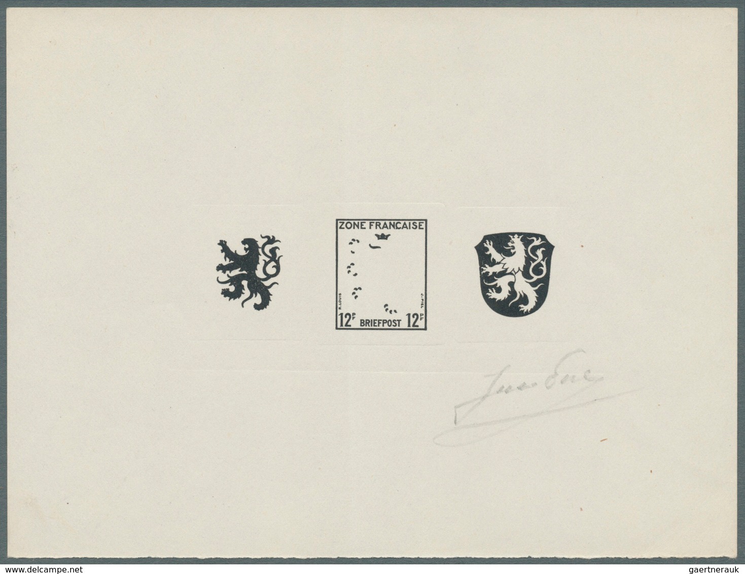 Französische Zone - Allgemeine Ausgabe: 1945, 12 Pf Wappen, Schwarzer Probeabzug Der Drei Separat An - Andere & Zonder Classificatie