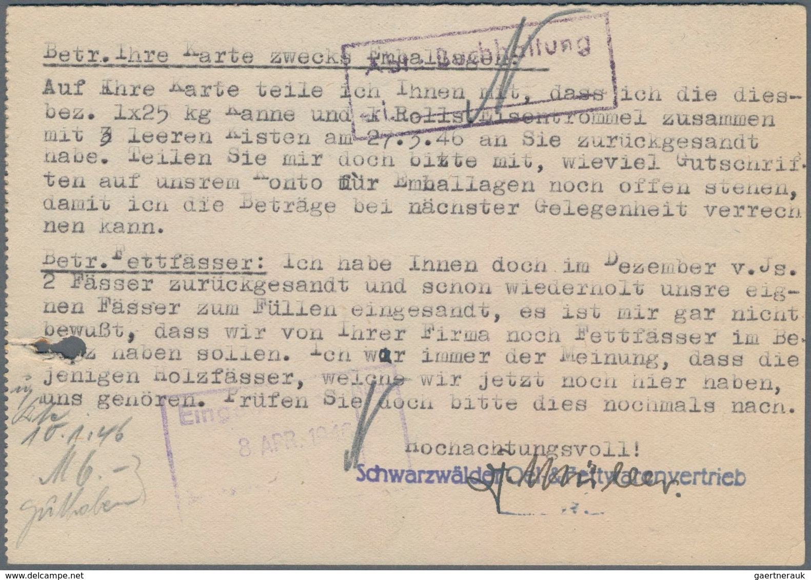 Französische Zone - Allgemeine Ausgabe: 1946, Zwei Geschäftsbriefe Je Mit Zwei- Bzw. Dreizeiler "Det - Sonstige & Ohne Zuordnung