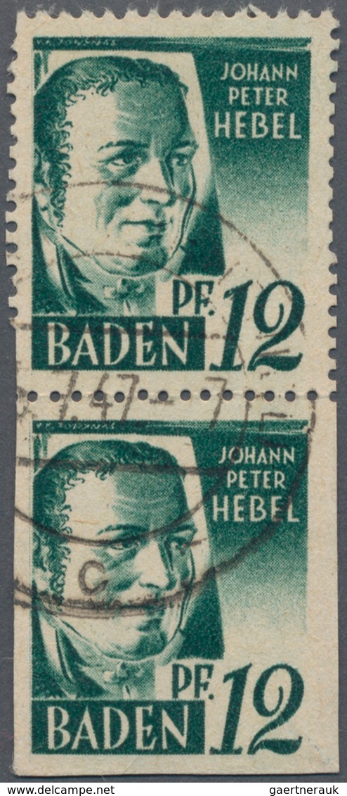 Französische Zone - Baden: 1947, 12 Pf. Schwarzopalgrün Im Gestempelten Senkrechten Paar Vom Feld 86 - Sonstige & Ohne Zuordnung