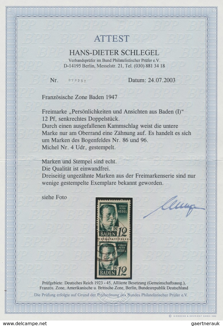 Französische Zone - Baden: 1947, 12 Pf. Schwarzopalgrün Im Gestempelten Senkrechten Paar Vom Feld 86 - Sonstige & Ohne Zuordnung