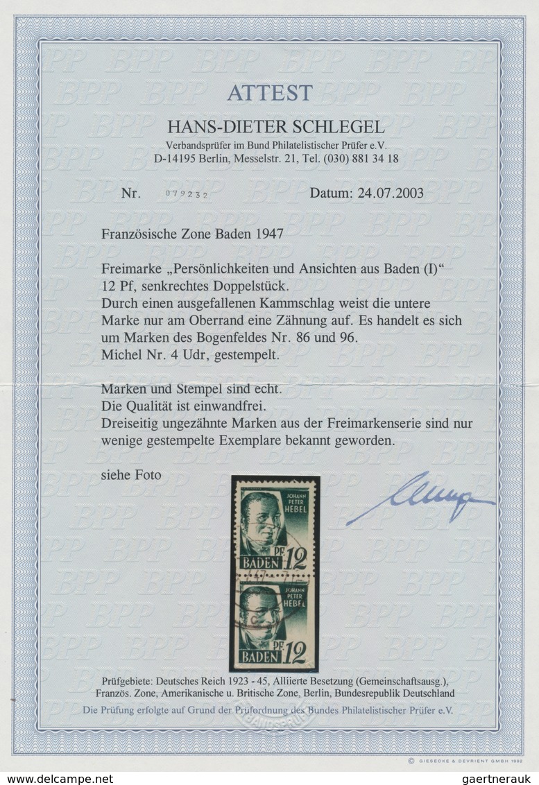 Französische Zone - Baden: 1947, 12 Pf. Schwarzopalgrün Im Gestempelten Senkrechten Paar Vom Feld 86 - Andere & Zonder Classificatie