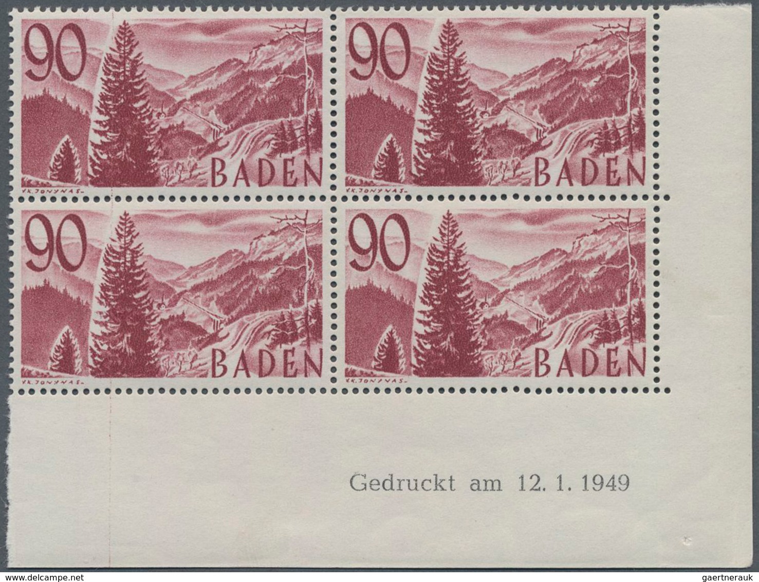 Französische Zone - Baden: 1949, 90 Pf Braunkarmin Im Postfrischen Viererblock Aus Der Rechten Unter - Autres & Non Classés