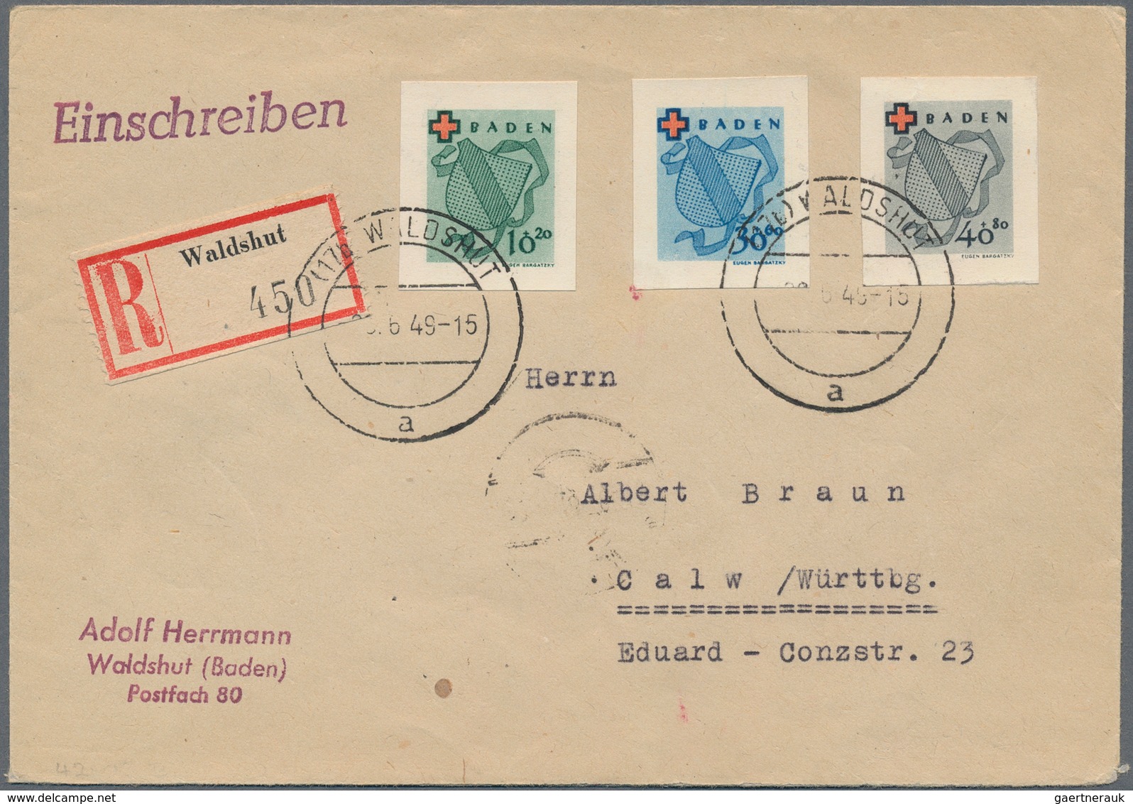 Französische Zone - Baden: 1949. Lot Von 1 R-Brief Mit 16, 30 Und 40 Pf Rotes Kreuz Ungezähnt (aus B - Sonstige & Ohne Zuordnung