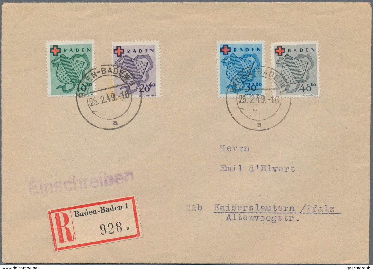 Französische Zone - Baden: 1949. R-Brief Mit Kpl. Rotes Kreuz Mit Ersttagsstempel "Baden-Baden 25.2. - Other & Unclassified