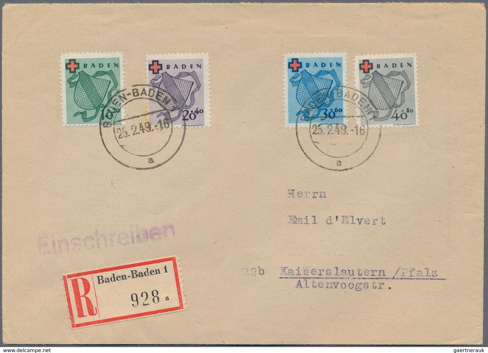 Französische Zone - Baden: 1949. R-Brief Mit Kpl. Rotes Kreuz Mit Ersttagsstempel "Baden-Baden 25.2. - Andere & Zonder Classificatie