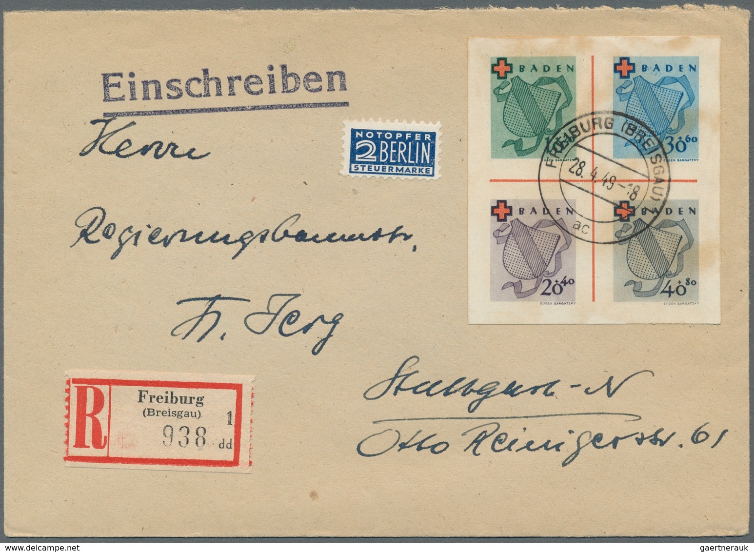 Französische Zone - Baden: 1949, "Rotes Kreuz"-Herzstück Aus Block 2 Neben Notopfermarke Auf R-Brief - Other & Unclassified