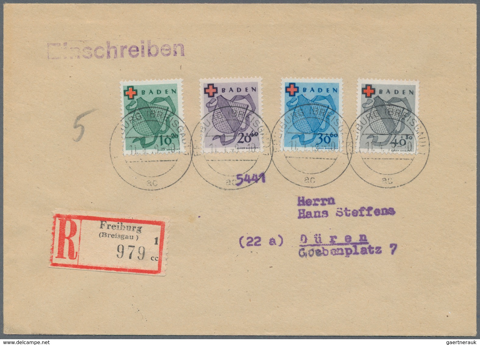 Französische Zone - Baden: 1949, Rotes Kreuz, Kompletter Satz Auf überfrankiertem Einschreibebrief V - Other & Unclassified