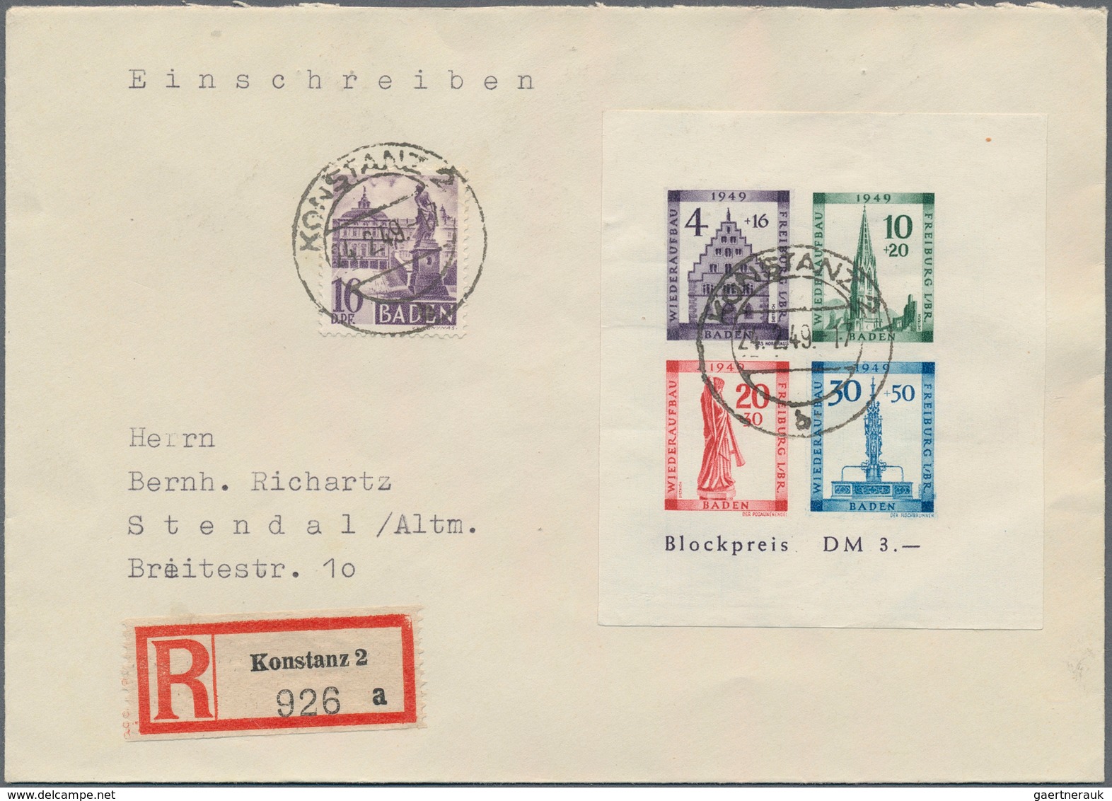Französische Zone - Baden: 1949. Lot Von 2 Portogerechten R-Briefen, Mit Aufbaublock Gezähnt Bzw. Un - Andere & Zonder Classificatie