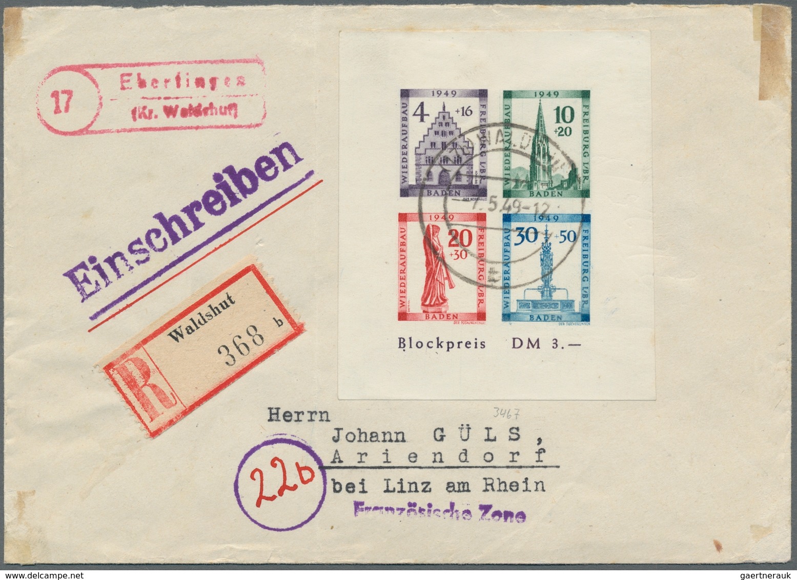 Französische Zone - Baden: 1949, "Wiederaufbau"-Blockpaar, Je Auf überfrank. R-Brief In Guter Erhalt - Altri & Non Classificati