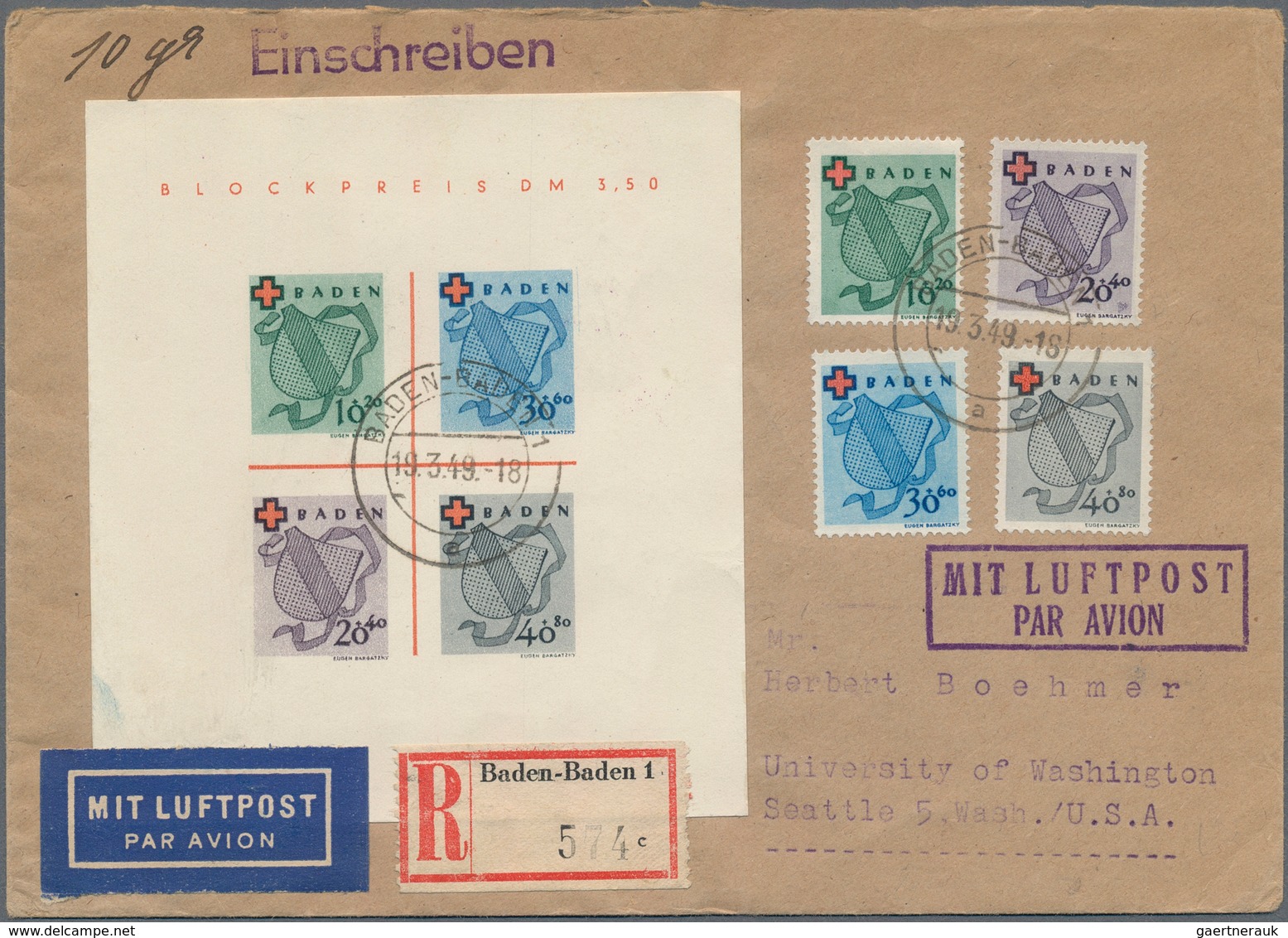 Französische Zone - Baden: 1949. Luftpost-R-Brief Mit Rot-Kreuz-Block Und Kpl. Rot-Kreuz-Satz (gezäh - Other & Unclassified