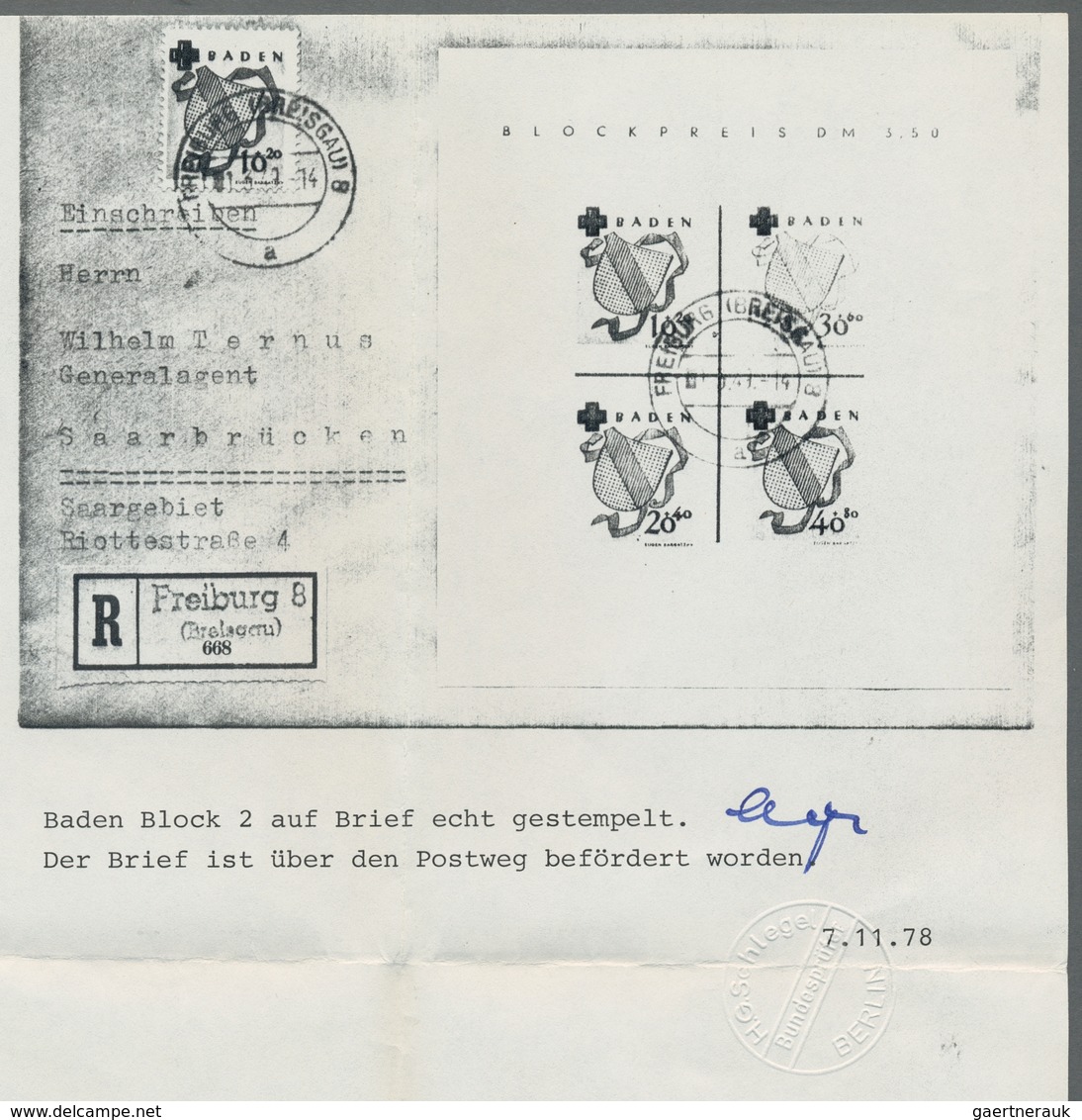 Französische Zone - Baden: 1949, "Rotes Kreuz"-Block Mit Mi. 42 A Als Zusatzfrankatur Auf R-Brief Vo - Other & Unclassified