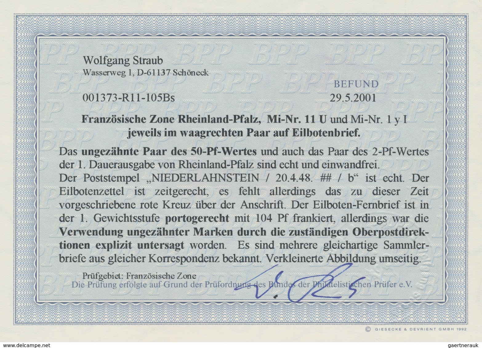 Französische Zone - Rheinland Pfalz: 1947, 50 Pf. Freimarken I Im Ungezähnten Waagrechten Paar Zusam - Autres & Non Classés