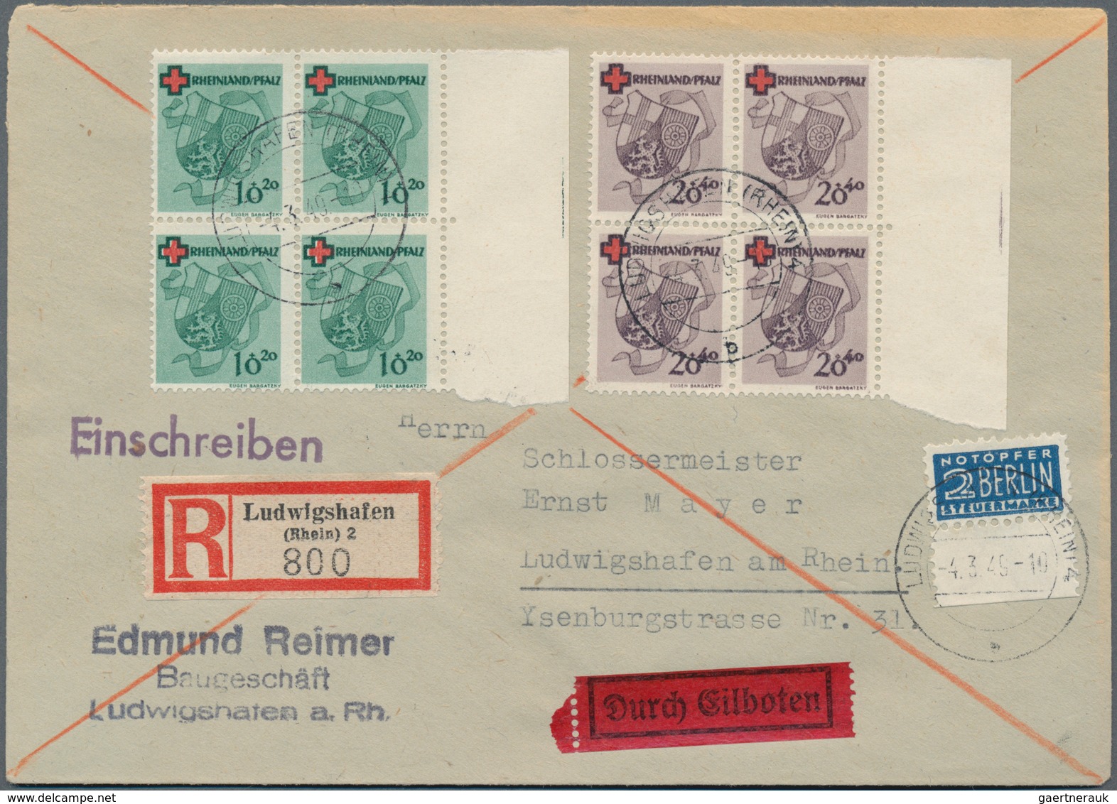 Französische Zone - Rheinland Pfalz: 1949, „Deutsches Rotes Kreuz”, Komplette Viererblock-Serie Und - Autres & Non Classés