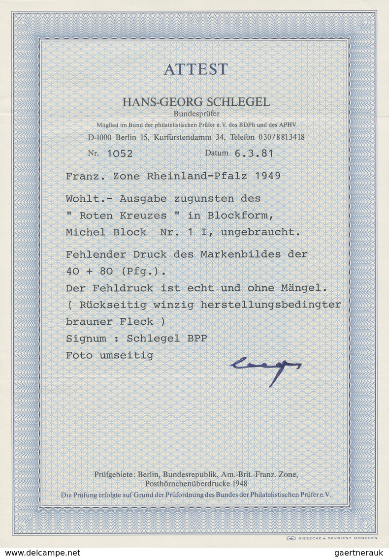 Französische Zone - Rheinland Pfalz: 1949, Rotkreuzblock Mit Fehlender Farbe Dkl'grünlichgrau (40 Pf - Andere & Zonder Classificatie