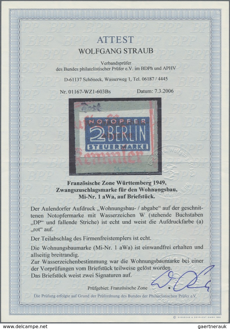 Französische Zone - Württemberg - Wohnungsbau-Abgabe: 1949, 2 Pfg. Wohnungsbau-Aufdruckausgabe Gesch - Other & Unclassified