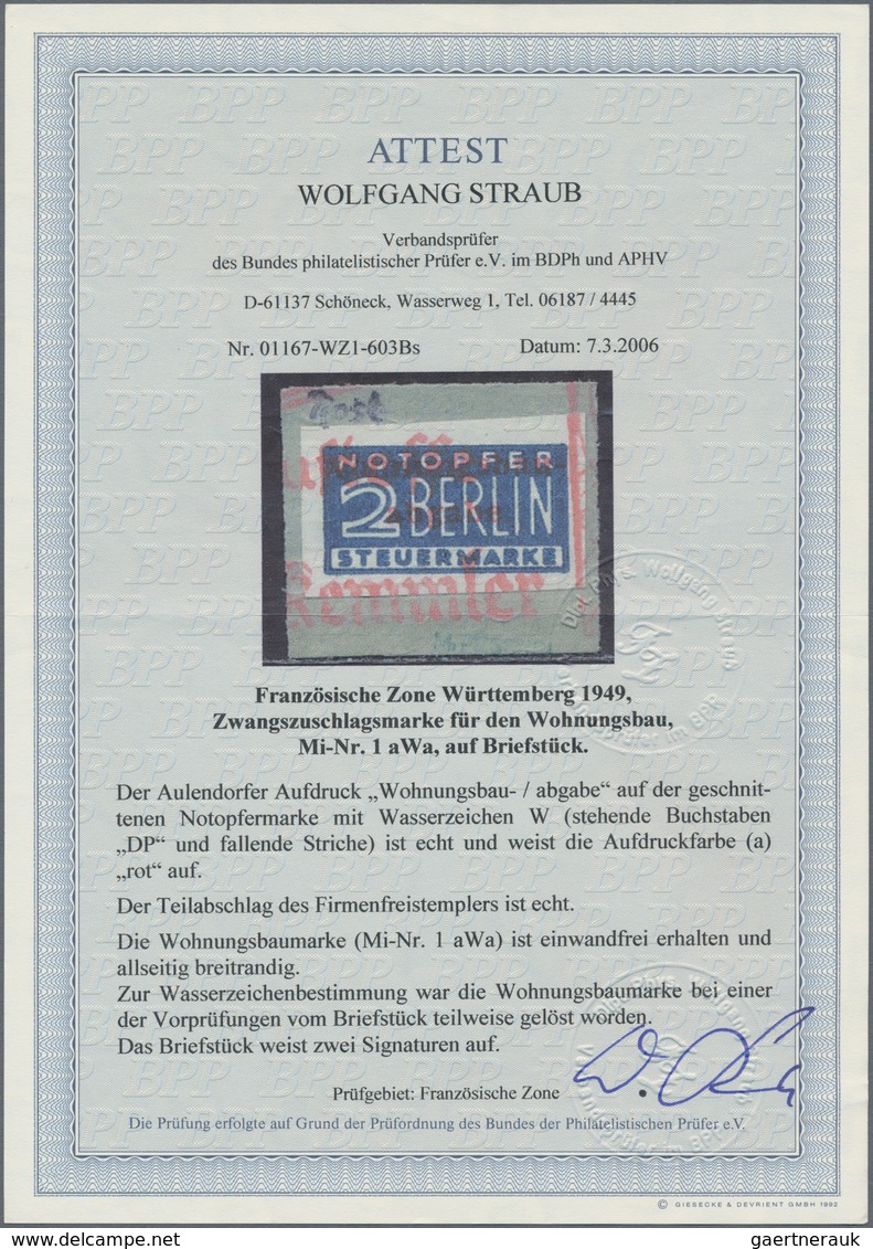 Französische Zone - Württemberg - Wohnungsbau-Abgabe: 1949, 2 Pfg. Wohnungsbau-Aufdruckausgabe Gesch - Andere & Zonder Classificatie