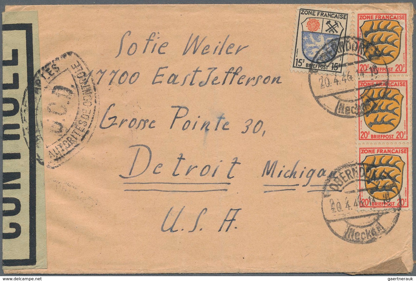 Französische Zone - Besonderheiten: 1946, 15 Pf U. 3 X 20 Pf Wappen, MiF Auf Brief Von OBERNDORF (Ne - Andere & Zonder Classificatie