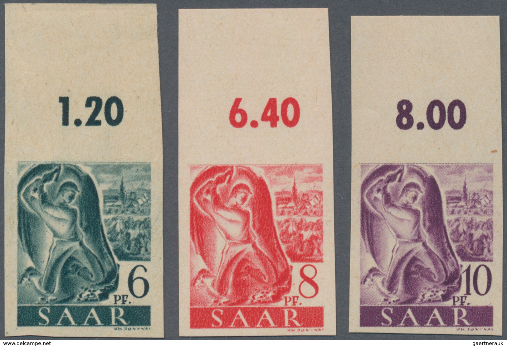 Saarland (1947/56): 1947, 6 Pf Schwarzblaugrün, 8 Pf Rot Und 10 Pf Violettpurpur Je Vom Oberrand Pos - Unused Stamps