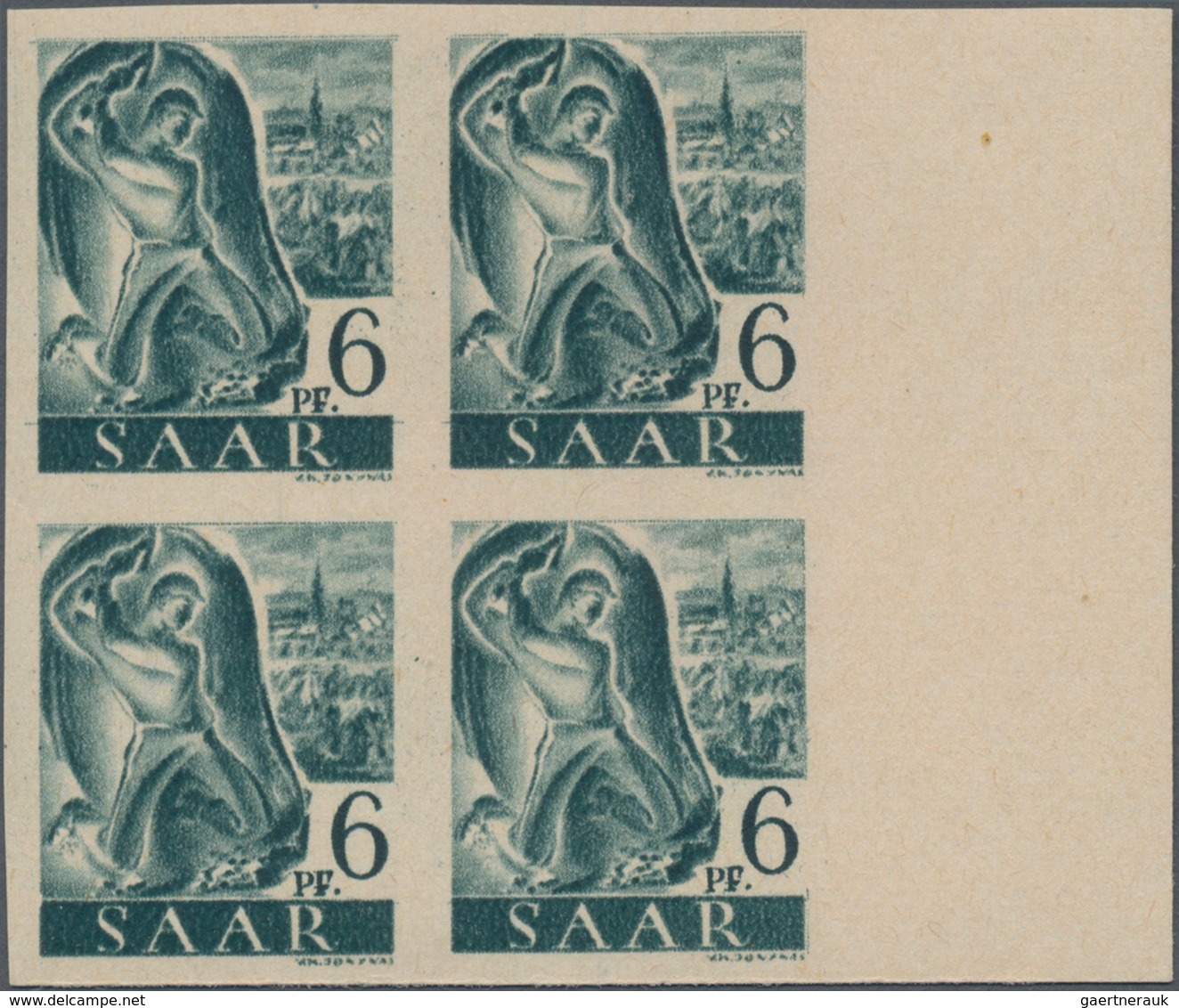 Saarland (1947/56): 1947, 6 Pf Schwarzblaugrün Im Postfrischen 4er-Block Von Rechten Rand Ungezähnt, - Unused Stamps