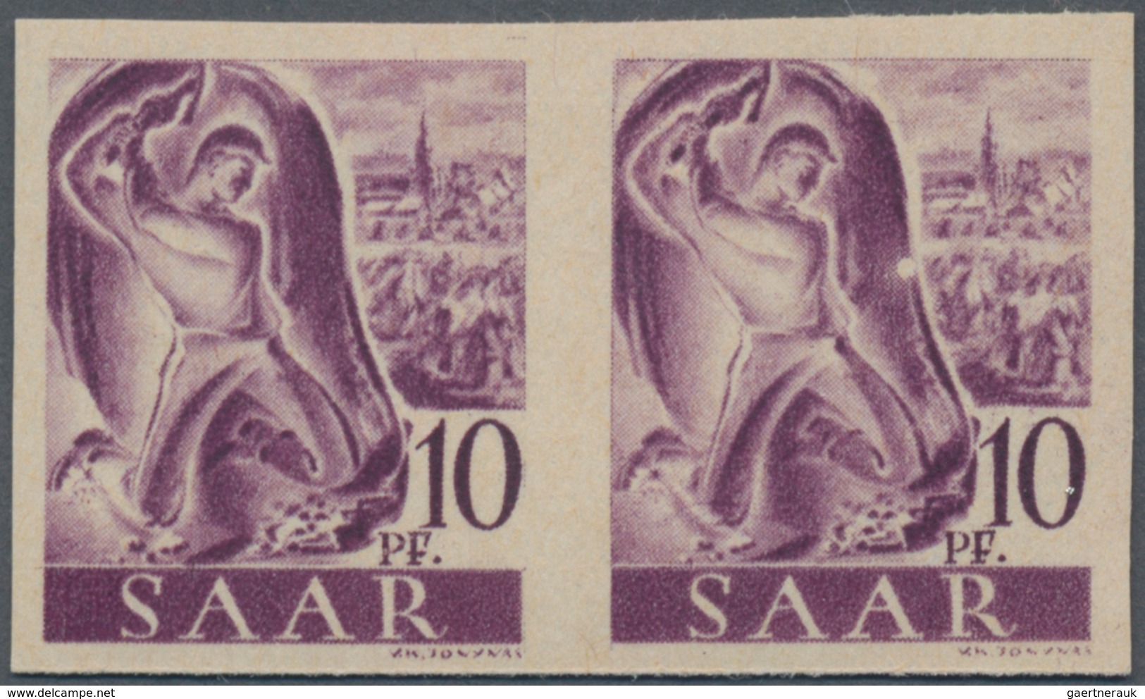 Saarland (1947/56): 1947, 10 Pf Violettpurpur Im Waager. Paar Postfrisch Ungezähnt, Mi 600.- - Unused Stamps