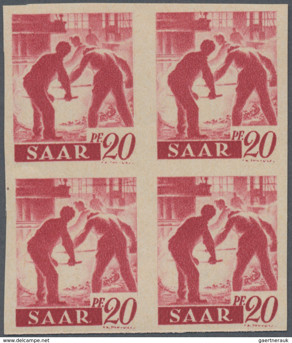 Saarland (1947/56): 1947, 20 Pf Karminrot Im Postfrischen 4er-Block Ungezähnt, Mi 880.- - Unused Stamps