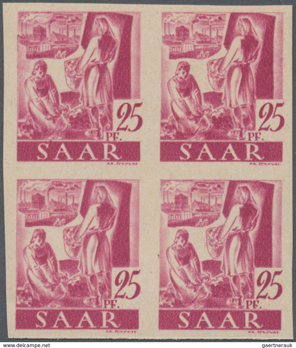 Saarland (1947/56): 1947, 25 Pf Dunkelrosakarmin Im Postfrischen 4er-Block Ungezähnt, Mi 880.- - Unused Stamps