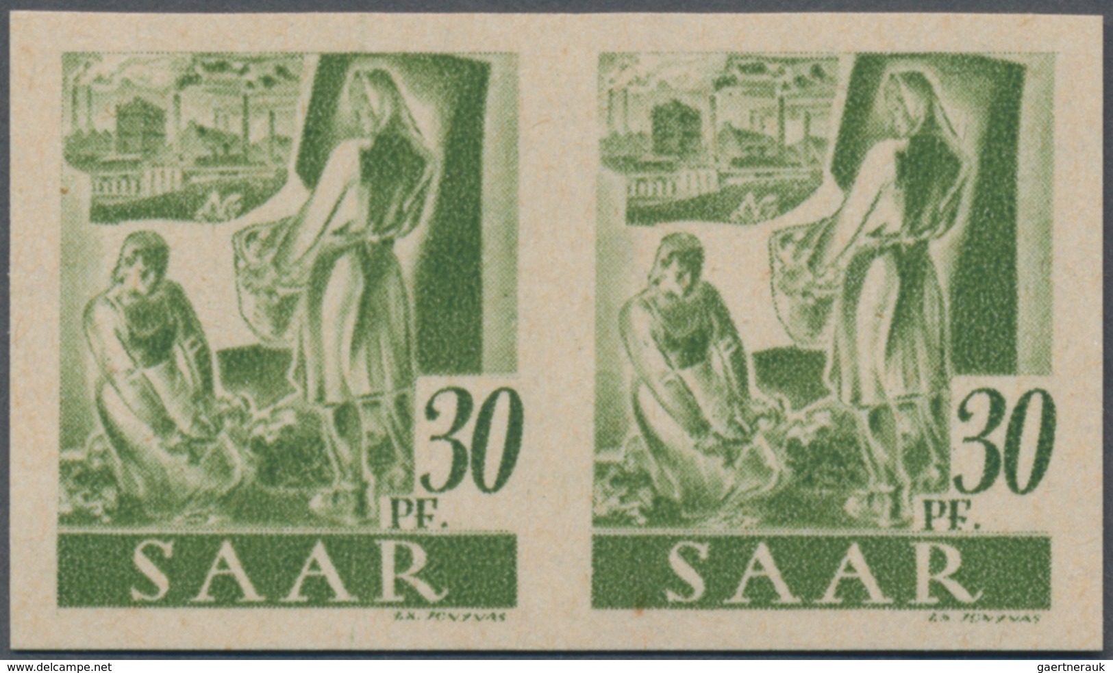 Saarland (1947/56): 1947, 30 Pf Grünoliv Im Waager. Paar Postfrisch Ungezähnt, Mi 1.200.- - Ungebraucht