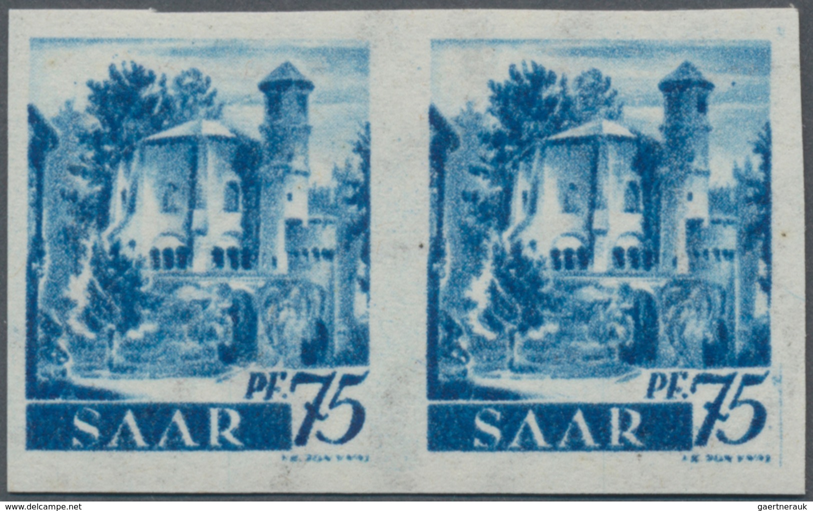 Saarland (1947/56): 1947, 75 Pf Dunkelultramarin Im Waager. Paar Als Ungezähnter PROBEDRUCK Postfris - Unused Stamps