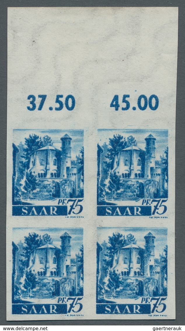 Saarland (1947/56): 1947, "75 Pfg. Dunkelultramarin Als Probedruck", Postfrischer Oberrandviererbloc - Unused Stamps