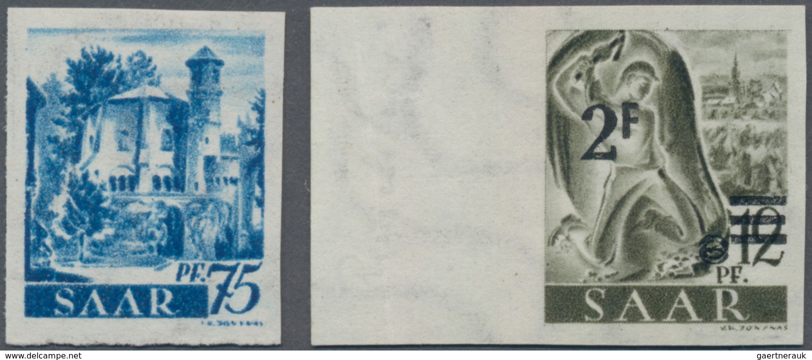 Saarland (1947/56): 1947, 75 Pf Dunkelultramarin Ungezähnter PROBEDRUCK Postfrisch + 2 F Auf 12 Pf S - Unused Stamps
