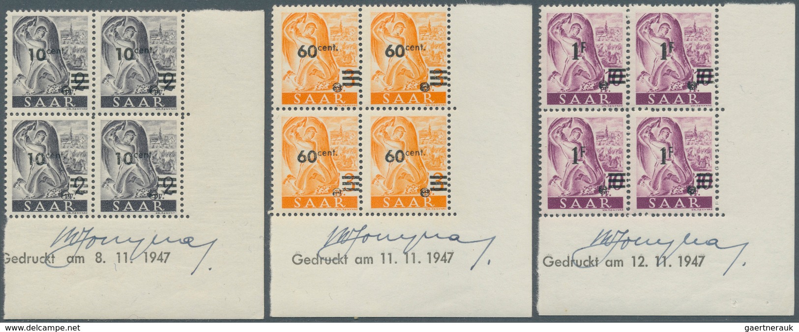 Saarland (1947/56): 1947, Saar II Kompletter Satz, 4-Block Bogen Rechts Unten Mit Druckdatum Und Han - Ongebruikt