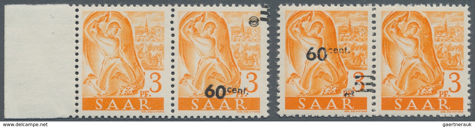Saarland (1947/56): 1947, Freimarken-Aufdrucke, 60 C. Auf 3 Pfg. Orange, Zwei Waagerechte Paare Je " - Ungebraucht