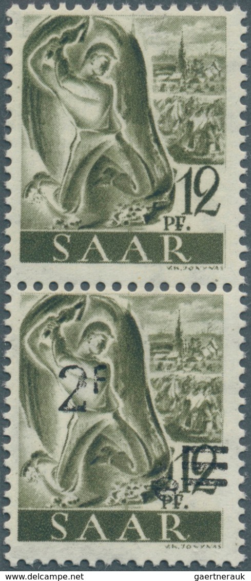 Saarland (1947/56): 1947, 2 Fr. Auf 12 Pfg. Schwarzgrauoliv, Senkrechtes Paar Ohne Und Mit Aufdruck, - Ungebraucht