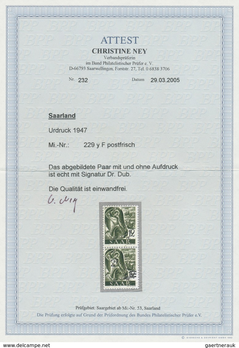 Saarland (1947/56): 1947, 2 Fr. Auf 12 Pfg. Schwarzgrauoliv, Senkrechtes Paar Ohne Und Mit Aufdruck, - Ongebruikt