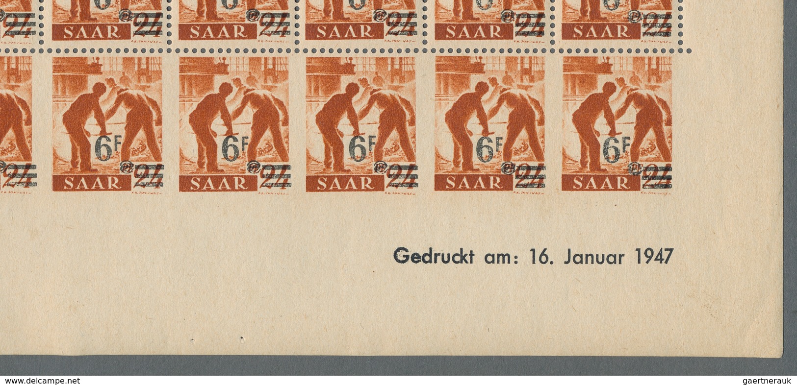 Saarland (1947/56): 1947, "6 Fr. Auf Pfg. Urdruck" Im Kompletten Postfrischen Bogen Zu 100 Werten, D - Neufs