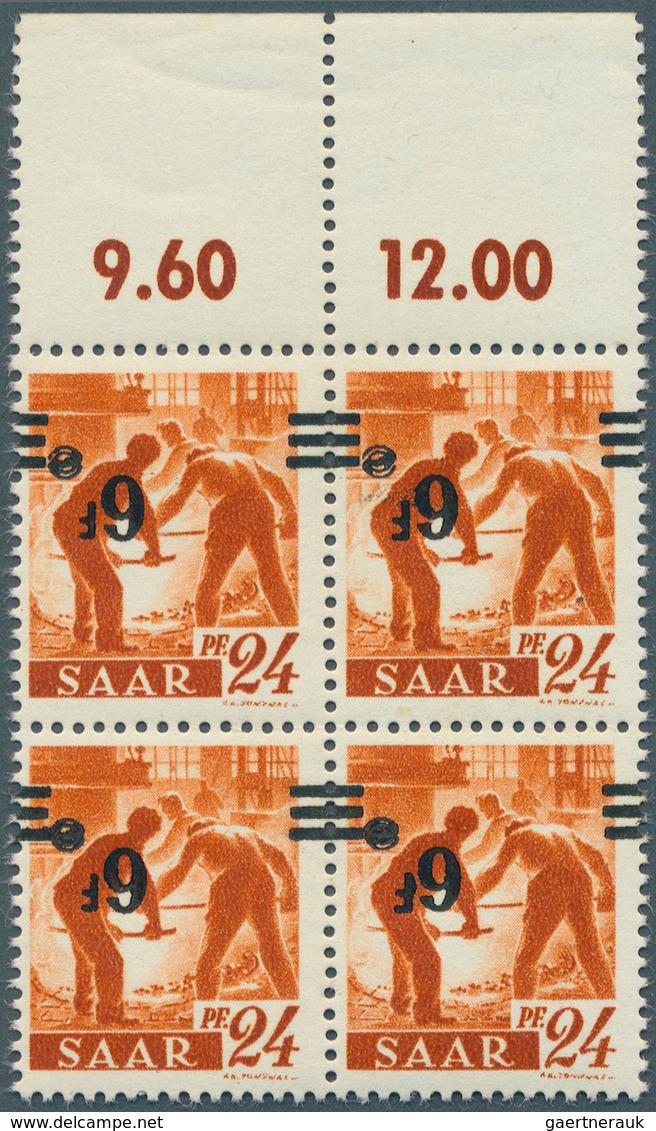 Saarland (1947/56): 1947, 6 F. Auf 24 Pfg. Als Postfrischer 4-er Block Mit Kopfstehendem Aufdruck Vo - Neufs