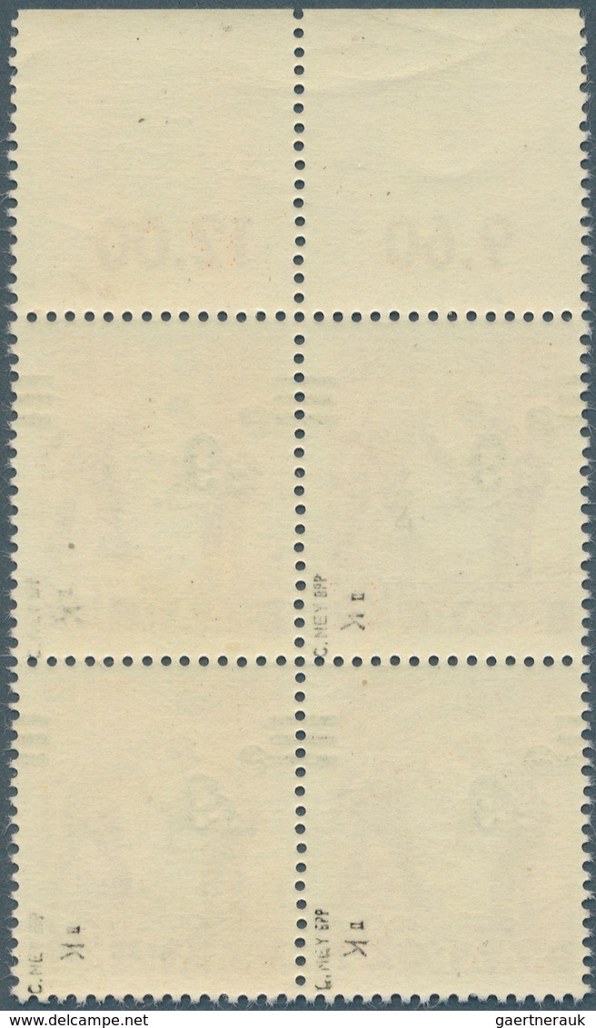 Saarland (1947/56): 1947, 6 F. Auf 24 Pfg. Als Postfrischer 4-er Block Mit Kopfstehendem Aufdruck Vo - Unused Stamps