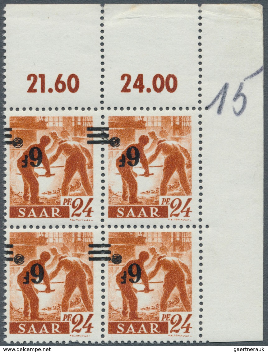 Saarland (1947/56): 1947, 6 Fr. Auf 24 Pfg., KOPFSTEHENDER AUFDRUCK, Eckrand-4er-Block Rechts Oben, - Ungebraucht