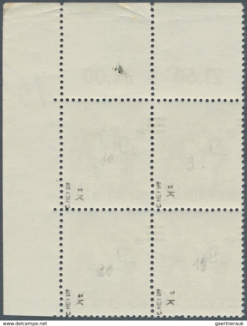 Saarland (1947/56): 1947, 6 Fr. Auf 24 Pfg., KOPFSTEHENDER AUFDRUCK, Eckrand-4er-Block Rechts Oben, - Unused Stamps