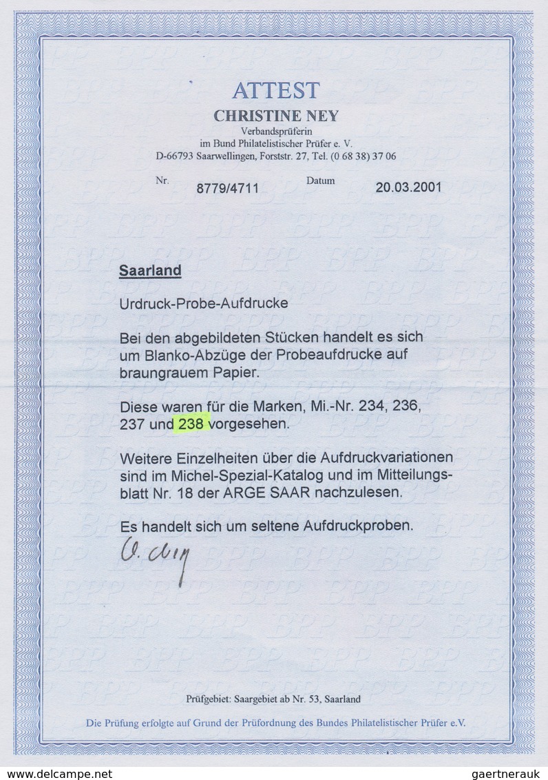 Saarland (1947/56): 1947, 9 F, 14 F Und 50 F Je Blanko-Abzug Des PROBEAUFDRUCKES Auf Braungrauem Pap - Neufs