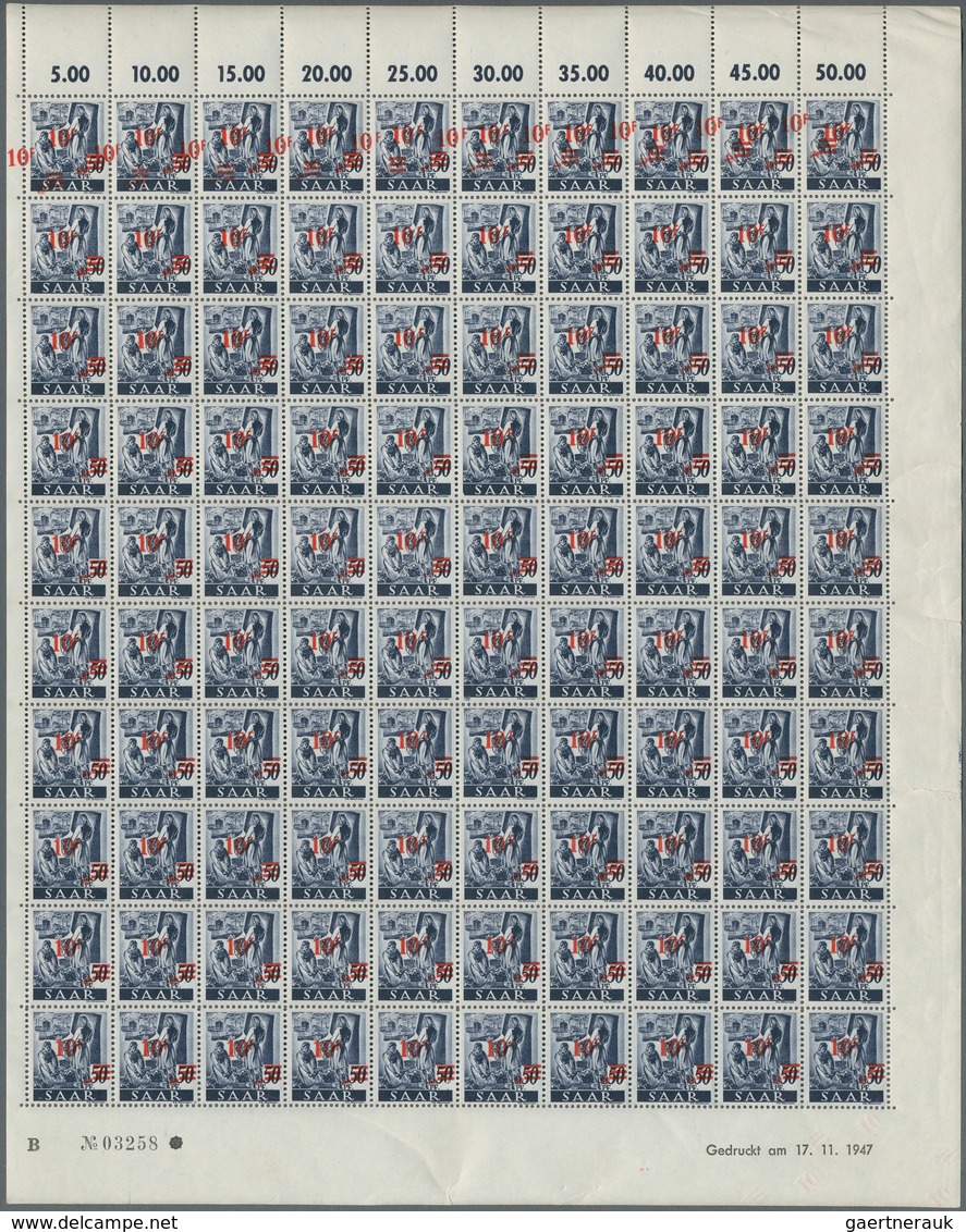 Saarland (1947/56): 1947, "10 Fr. Auf 50 Pfg. Saar II" Im Kompletten Postfrischen Bogen Zu 100 Werte - Unused Stamps