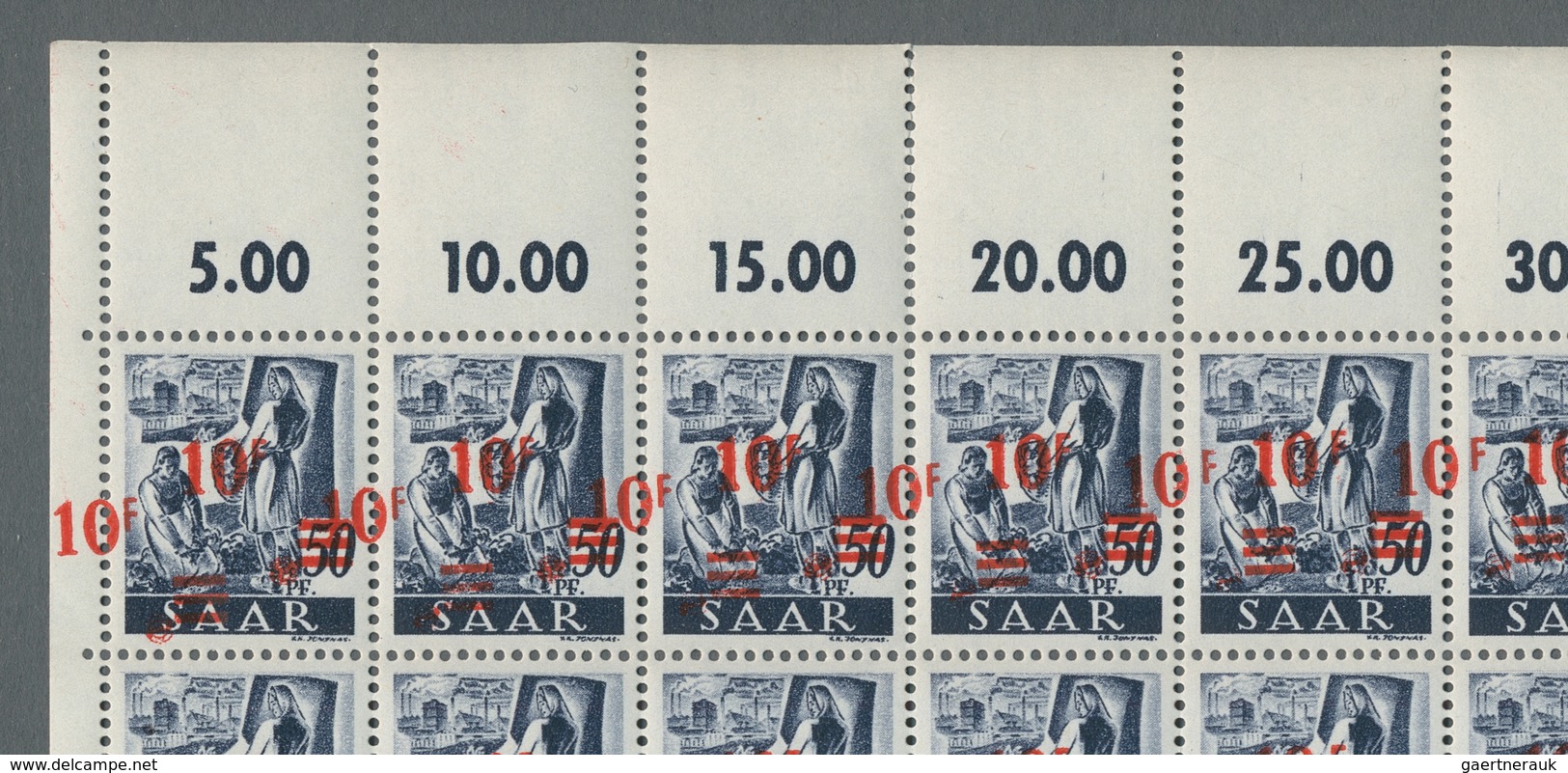 Saarland (1947/56): 1947, "10 Fr. Auf 50 Pfg. Saar II" Im Kompletten Postfrischen Bogen Zu 100 Werte - Neufs