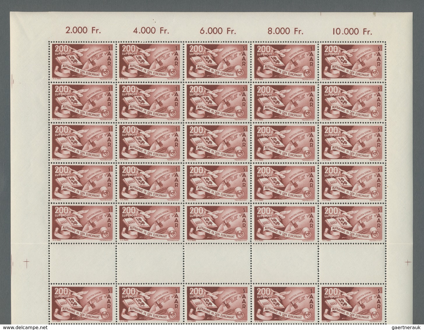 Saarland (1947/56): 1950, "Europarat", Kompletter Postfrischer Bogensatz Mit Druckdaten, Zwischenste - Unused Stamps