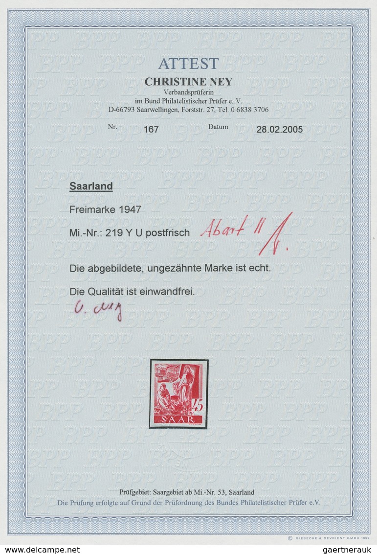 Saarland (1947/56): 1947, "45 Pfg. Dunkelrosarot Ungezähnt", Postfrischer Wert Mit Seltener Kombinat - Unused Stamps