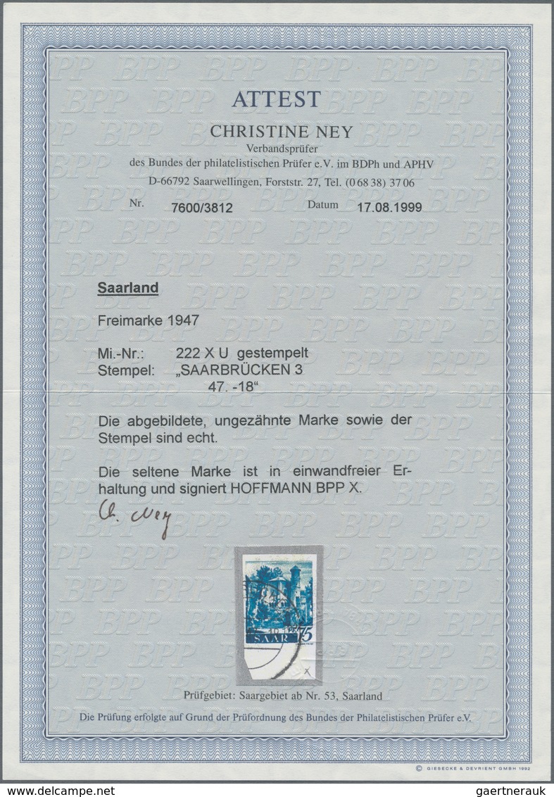Saarland (1947/56): 1947, 75 Pfg. Alter Turm Mit Seltenem Wasserzeichen 1 X UNGEZÄHNT, Fotoattest Ne - Unused Stamps