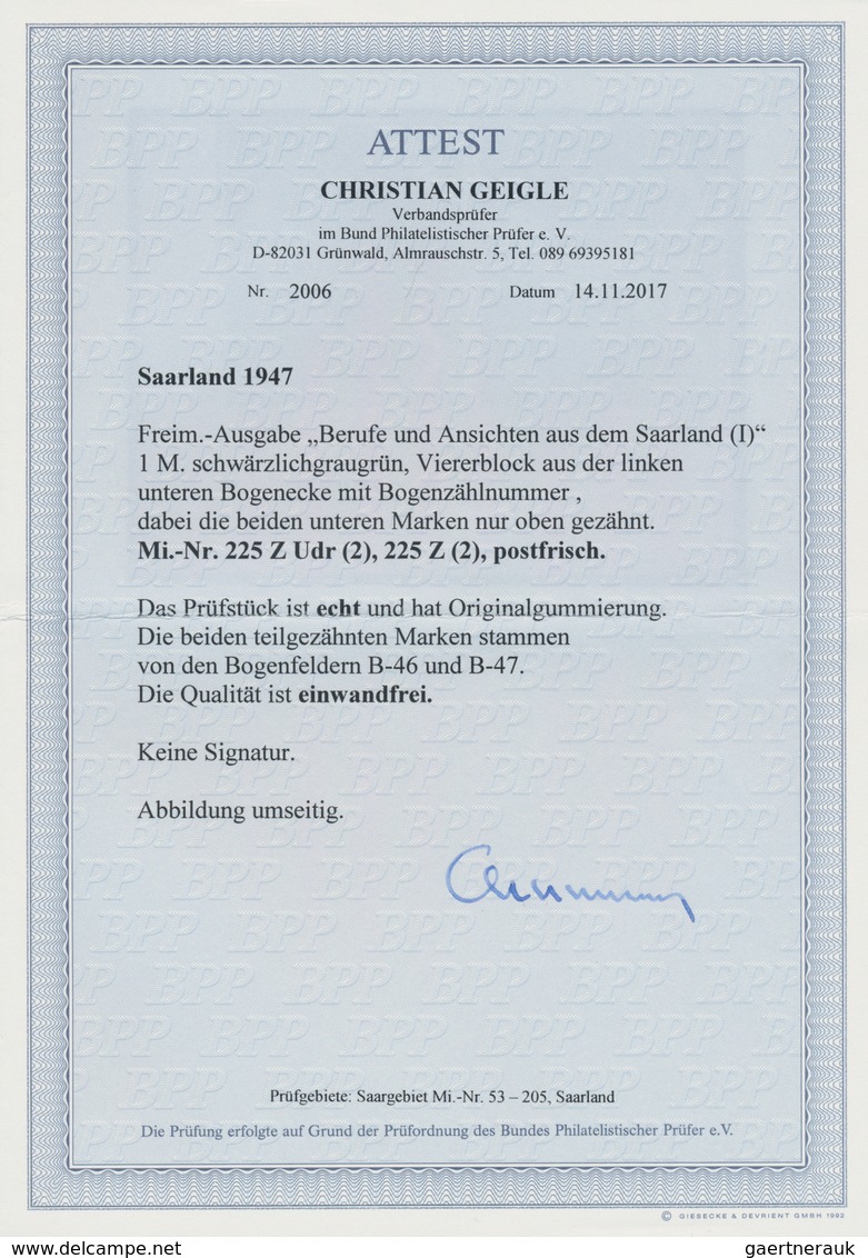 Saarland (1947/56): 1947, Freimarken Berufe Und Ansichten 1 M Schwärzlichgraugrün, Viererblock Aus D - Unused Stamps
